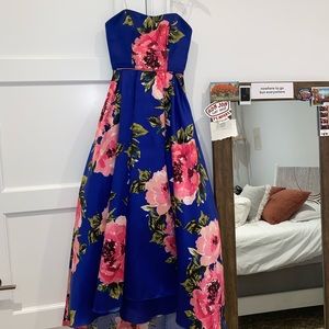Blue Floral Strapless Prom Dress